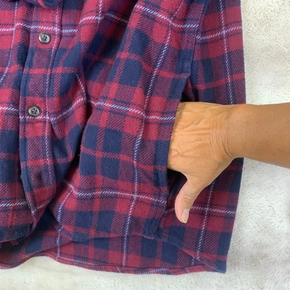 Orvis Mens XL Red Navy Blue Plaid‎ Flannel Lined Shirt Jacket Hand Pockets 2951